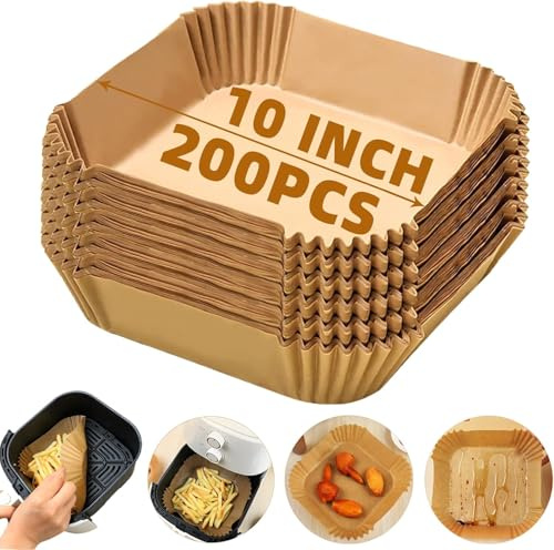 Air Fryer Liners Disposable,200PCS 10 Inch Square Air Fryer Parchment Paper Liners for 8-12QT Air fryer,Easy to Clean Non-Stick Waterproof Airfryer Paper Liner