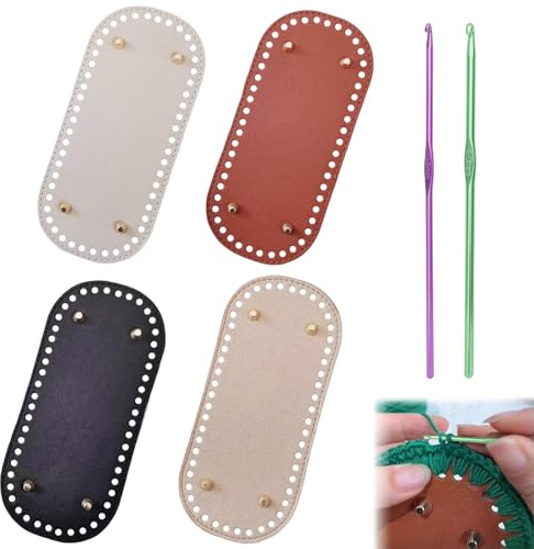 YTSMFL 4 Stück Taschenboden 22x10cm Taschenboden zum Häkeln mit 2 Häkelnadeln PU Leder Taschen Häkeln Zubehör 4 Farbe Oval Boden für DIY Stricktaschen Korbflechten