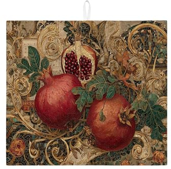 Pomegranate Dish Drying Mats For Kitchen Counter, Vintage Gold Floral Absorbent Dish Drainer Mat, Classic Microfiber Drying Pad For Coffee Bar Protector 16x18 Inch