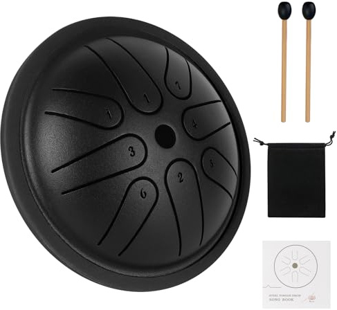 Aedcbaide Tambor de Lengua Portátil, Mini Tambor de 4 Pulgadas, 8 Tonguas, Acero Tongue, Cuenco Tibetano, Instrumento con Mazos para Niños, Meditación, Yoga, Curación de Sonido (Negro 4 pulgadas)