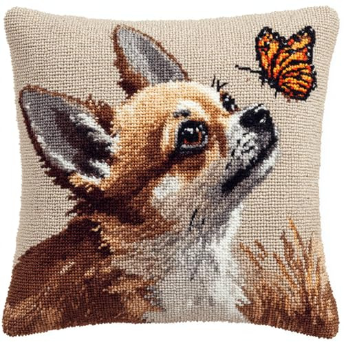 Taxpy Diy Knüpfen Set Erwachsene Chihuahua Schaut Mit Einem Schmetterling Nach Oben 43X43Cm Knüpfkissen Set Süße Tiere Diy Wurfkissenbezug，Sofakissenbezug Mit Bedruckter Leinwand Für Anfänger Und