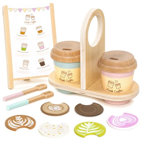UMU Coffee to Go - Juego de café para niños a partir de 3 años, 15 piezas de accesorios de juego de rol de madera, taza de café y juego de barista