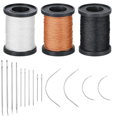 17 Pcs Heavy Duty Nylon Upholstery Sewing Kit 3 Rolls 55 Yards Waxed Thread with 14 Pcs Leather Needles Repair Sewing Kit Upholstery Repair Kits for Leather Carpet Furniture Shoe