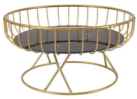 Yinhing Round Fruit Basket with Large Capacity Elegant Hollow Metal Fruit Bowl Stand for Desserts Snacks and Bread Featuring A Stylish White Background Accented with Gold Stripes.