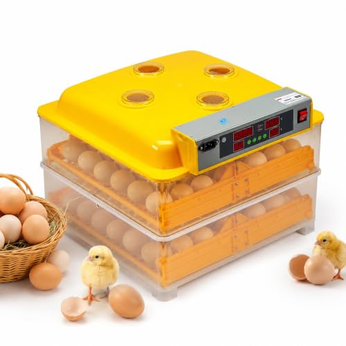 Mucola Brutautomat Brutmaschine vollautomatisch 96 Eier Inkubator Gelb | Automatische Wendung und Temperaturregelung, Anzeige für Luftfeuchtigkeit und Brutzeit, inkl. Schierlampe, kompakt 38x51 cm