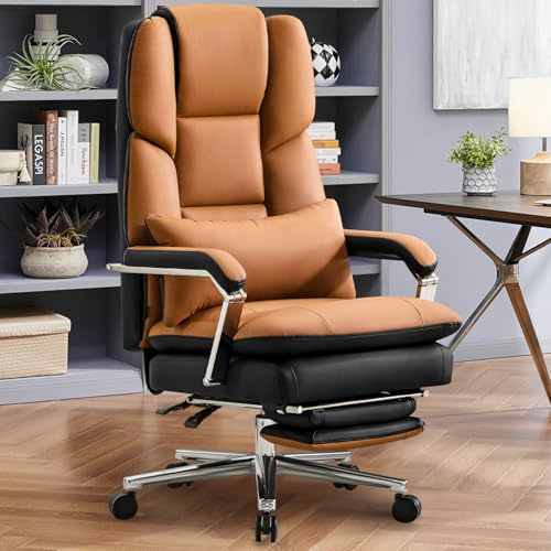 Ckaff Bürostuhl Ergonomisch, PU Leder Chefsessel 200kg, Bürostuhl mit Fußstütze und Lendenwirbelstütze, Home Office Stuhl Verstellbarer Stuhl mit hoher Rückenlehne, Braun