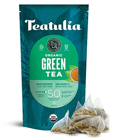 Teatulia Organic Green Tea Bags (50 Pyramid Sachet Teabags) Pure Whole Leaf Natural Green Tea In Bags. Premium 100% Compostable and Sustainably Grown In Bangladesh