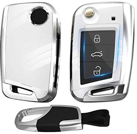 Kwak's Autoschlüsselhülle Kompatibel mit VW Skoda Seat Tiguan Golf 7 Lamando Teramont Touran Lavida 3 Tasten Falt Schlüssel Box Key Cover Shell mit Schlüsselanhänger(Weiß)