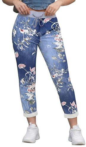 Love My Fashions® Trousers for Women UK Elasticated Waist Floral Denim Look Comfortable Italian Trousers, Casual Summer Yoga Pants for Women
