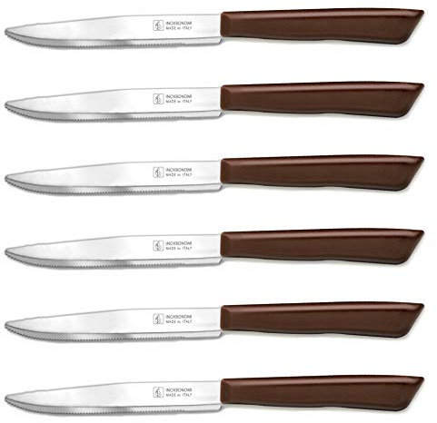 INOXBONOMI Set di 6 coltelli da cucina italiani, 11 cm, taglio ondulato extra affilato, coltello da tavola, manico ergonomico, lavabile in lavastoviglie (marrone)