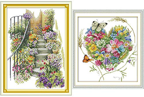 VEGCOO 2 Packs Embroidery Cross Stitch Kits for Adults Beginners, Flowers Heart & Garden Stairs Pre Printed Embroidery Cross Stitch Kit 11CT Needlework Kit DIY Artwork for Adults Home Decor or Gifts