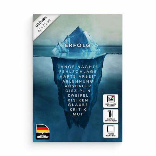 Hustling Sharks® Wandbild „Eisberg des Erfolgs“ – Leinwand 40 × 60 cm | XXL Motivationsbild im Hochformat, Wandbilder Motivation, Bilder Büro, Bilder mit Sprüchen