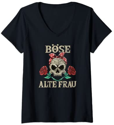 Damen Böse Alte Frau - Totenkopf Alte Weiße Frau Vintage Biker T-Shirt mit V-Ausschnitt