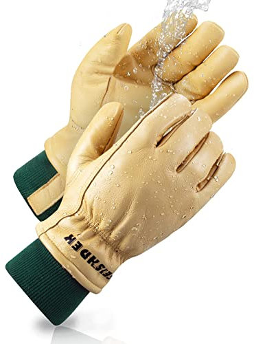 FEISHDEK Leder Thermo Arbeitshandschuhe Winter Wasserdicht Herren Damen Warme GefüTterte Gartenhandschuhe Winterhandschuhe Schutzhandschuhe Draussen - Gelb…