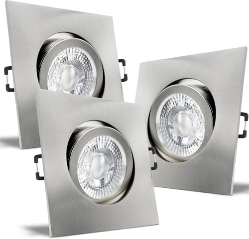 trendlights24 Carree LED Decken Einbaustrahler flach 35 mm 5W 230V 3er Set | Edelstahl Optik, eckig, Neutralweiß, 4000k, 50° Abstrahlwinkel, Spot, austauschbar, Einbauspot, schwenkbar, 68mm Lochmaß
