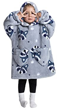 NUANHOM Tragbare Decke mit Kapuze für Kinder und Kleinkinder, super warm, gemütlich, übergroße Kapuzendecke, Sweatshirt mit Tasche für kleine Mädchen und Jungen, Waschbär, One Size