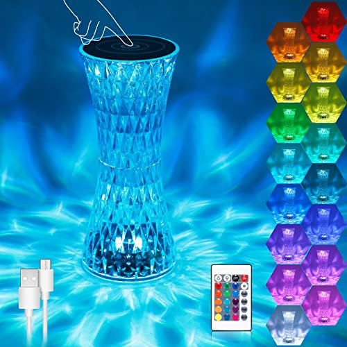 Lampada da Tavolo in Cristallo RGB, 16 Colori e 4 Modalità Lampade a Diamante Rosa Con Touch e Telecomando, Luce da Comodino Romantica a LED Dimmerabile USB Per Camera da Letto Soggiorno Feste Cena