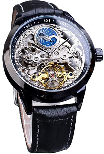 FORSINING Men's Skeleton Moon Phase Watch Mechanical Self-Wind Tourbillon Dual Time Zone Watches Automatic Luxury Leather Strap Large Dial Wristwatch, black, Classic