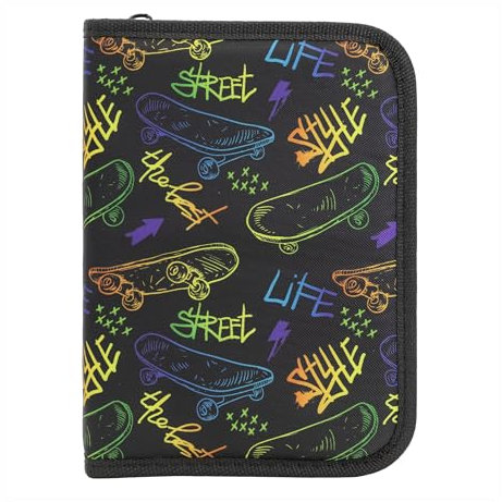Idena 22078 - Federmappe mit Reißverschluss, Design Skateboard, gefülltes Federmäppchen mit 28 Teilen