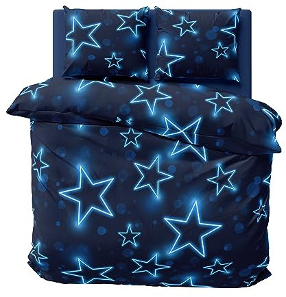 one-home Bettwäsche Mikrofaser Garnitur Bettbezug modern viele Muster mit Reißverschluss, Farbe:Sterne blau, Größe:3 teilig 200x200 cm