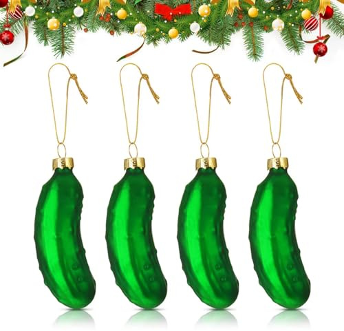 Glass HG 4 Stück Weihnachtsgurke Christbaumschmuck, Glas Weihnachtsgurke, Weihnachtsbaum Anhänger in grün für die Weihnachtsdekoration