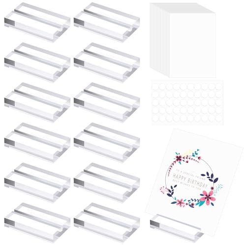 12 Stück Tischkartenhalter Acryl Postkartenhalter Tischaufsteller Postkartenhalter Menükartenhalter Namensschilder für Restaurants Hochzeiten Bankette Partys Fotoständer mit 20x Karten 50x Aufkleber