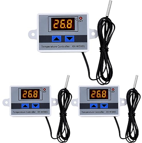 3 Stück Digitaler Temperaturregler, XH-W3001 Digital Thermostat mit Fühler Wasserdichter Sonde AC110V-220V Temperaturschalter LCD Display, Heizung und Kühlung
