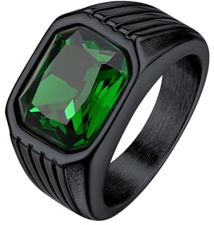 Bestyle Chunky Bandring für Männer, Edelstahl Ring mit Gravur, Synthetischer Edelstein Schwarze Onyx/Smaragd/Saphir/Rubin 10 * 12mm Herrenring CZ Biker Ring Pinky Schmuck Größe 54-72