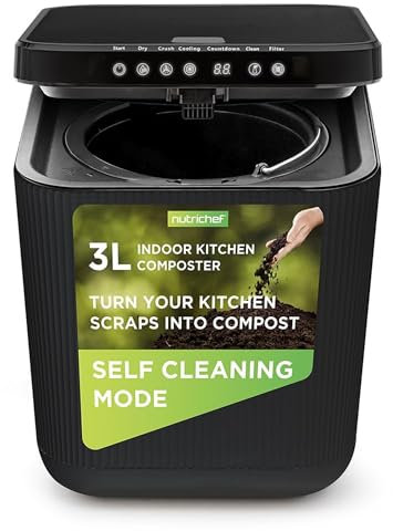 NutriChef Compostiera da Cucina, Compostiera Elettrica da 3 Litri, Trasforma Scarti Alimentari in Compost, Funzioni di Asciugatura, Frantumazione, Raffreddamento, Grigia