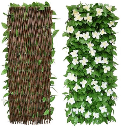 2Pcs Artificial Leaf Screening, Expandable Fence Privacy Screen for Balcony Patio Outdoor,Decorative Faux Ivy Fencing Panel,Artificial Hedges 30x200cm- Expanded (White Flowers)