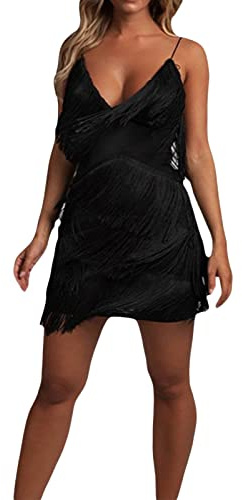 FeMereina Women's Layered Fringe Deep V Neck Cami Mini Dress Sleeveless Tassels Flapper Dresses Sparkly Fringe Latin Dresses (Black, M)