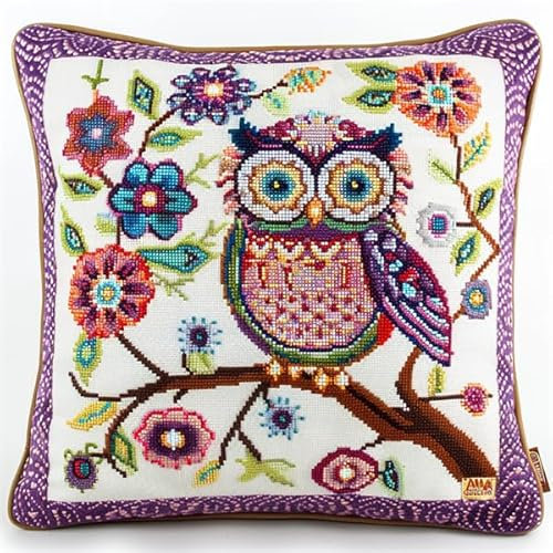 Lfynior Kreuzstich Kissen Set Eule Stickkissen zum Selbersticken 45X45cm Stickpackung Stickset Kreuzstich Kissen zum Basteln Stickkissen Stickpackung mit Vorgedruckt Kreuzstichmotiv