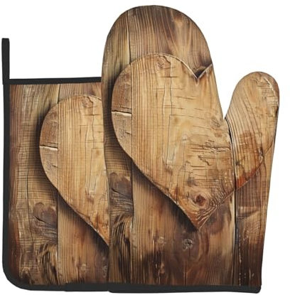 Set di 2 guanti da forno e presine in legno stampato a forma di cuore, in tessuto resistente al calore, impermeabile, ideale per cucina, forno, barbecue, idea regalo