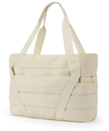 bagsmart Sporttasche Damen Yogatasche, Gesteppte Handtasche Damen Tote Bag mit Yogamattengurt, Reißverschluss, Mehreren Taschen für Reisen, Fitness, Yoga, Büro, Schule und Shopping, Beige