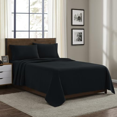 100% Cotton Flannel Sheets Queen Size - Warm & Cozy Flannel Bed Sheets Set for Winter - Soft Brushed Cotton Bedding for Ultimate Comfort - Heavyweight Sheet Set, Queen, Black