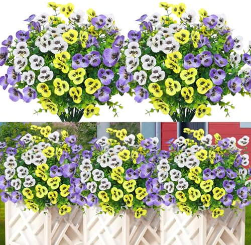 DEMIUKO 9 PCS Artificial Flowers Outdoors Autumn Plants Pansy Silk Fake Flower Bushes Shrubs Plastic Leaves Stems Artificial UV-Resistant Floral for Garden Porch Home Balcony Fall Decor