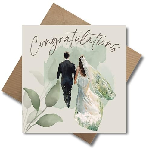 WBdesignz Elegante Hochzeitskarte – quadratisch – „Congratulations“ im Aquarell-Stil – stilvolle Karte zur Hochzeit mit Brautpaar-Motiv – Grußkarte für Braut & Bräutigam