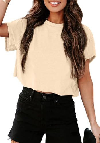 Tankaneo Crop Tops pour femme - Haut de sport surdimensionné - Col rond - Ample - Ventre nu - T-shirt d'été court.