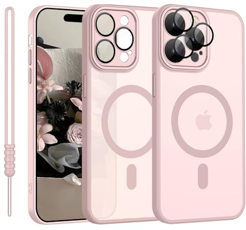 YUANDMI Cover Magnetica per iPhone 15 Pro Max Compatibile con MagSafe, Custodia Per iPhone 15 Pro Max Traslucida Opaca Case Ultra-Sottile Anti-Scivolo Resistente ai Graffi, Rosa