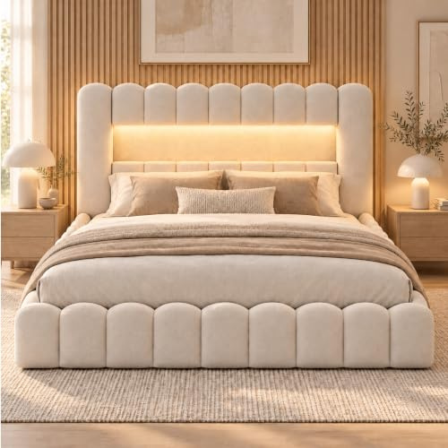 DULRLLY Stoppasäng Bubble Bett 180x200 med förvaringsutrymme, USB-laddningsfunktion och LED-belysning, hydraulisk förvaringssäng, sängstomme med ribbotten, dubbelsäng med sänglåda, linne, utan madrass