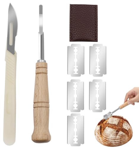 XURJUMI 2 Pezzi Taglierino per pane Lama pane coltello da pane con 5 Lamette acciaio Inossidabile Maniglia in legno bread lame per DIY Impasto Intagliare modelli di pane crudo