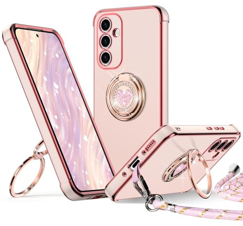 XYZ for Samsung Galaxy A36 Case with Stand, Pink | Phone Case with Lanyard for Women Girls, Heart Double Ring Holder, Bling Luxury Protective Phone Case