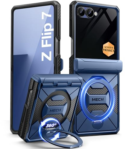 Tongate 360°Drehbarer Magnetständer für Z Flip 7 Hülle mit Privatsphäre Bildschirmschutz, [Kompatibel mit MagSafe] [Anti-Rutsch] [Scharnier Schutz] Ganzkörper Stoßfest Samsung Z Flip 7 Hülle, Blau