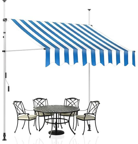 Manuell einziehbare Markise, 3 x 1,2 m große Terrassenmarkise für den Außenbereich, verstellbare Pergola-Sonnenschutzabdeckung mit Handkurbel, Außenüberdachung für Fenster oder Türen,Blue-stripes