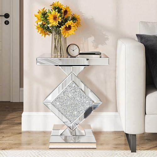 Jesantab Beistelltisch aus verspiegeltem Glas mit zerkleinertem Diamantmuster, silberner Beistelltisch, Kleiner verspiegelter Couchtisch für Wohnzimmer, Schlafzimmer, 40x40x60 cm