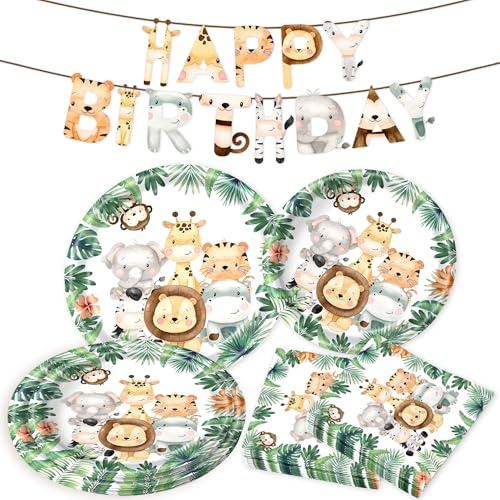assiettes papier serviettes animaux decoration anniversaire theme jungle | assiettes papier serviettes animaux decoration anniversaire theme jungle vaisselle fete safari accessoires set sauvage