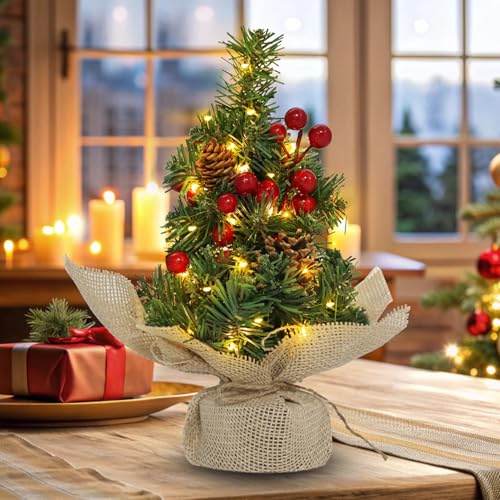 CCILAND 30CM Mini Christmas Tree with LED Lights, Tabletop Artificial Christmas Tree with Pinecones Red Berries Xmas Tree for Home Office Desk Kitchen Festival Decoration