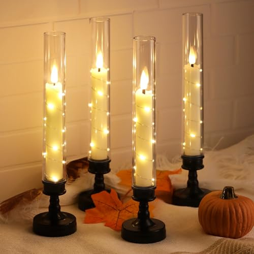 JVURICE LED Kerzen 4er Set,26cm Flackernde Kerzen mit Kerzenhaltern, Timer＆Fernbedienung, Lichterkette, Für Esstische, Schränke, Weihnachten, Halloween, Hochzeiten, Silvester, Grabkerzen