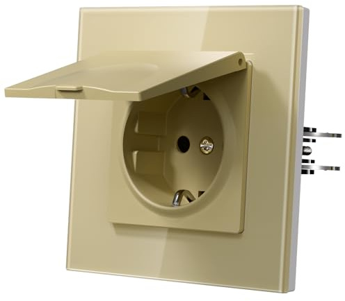 MVAVA Schuko Steckdose EU-Standard, 1 Fach Feuchtraum Steckdose Unterputz mit Glasrahmen, 86mm x 86mm Unterputz Steckdosen, Einfache Installation, Gold