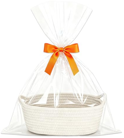 Presentkorg Tom Stor, Vit Flätad Korg | Bomullsvävning, Med presentpåsar och band, För babyparty, födelsedag, bröllop, Tacksägelse, jul, Förvaring